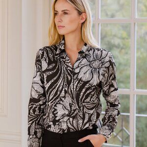 Chicos Floral Button Up Black/White Rayon Blend Goth Academia Resort Women 1